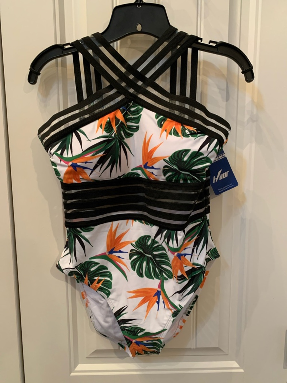 Hilor Tropical Crisscross One-Piece Swimsuit in White with Black & Orange
